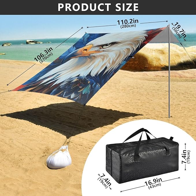ALAZA America Color Eagles Feathers Beach Tent Sun Shelter Portable Canopy Sunshade for Outdoor Camping Picnics Backyard Fun 10x9 ft
