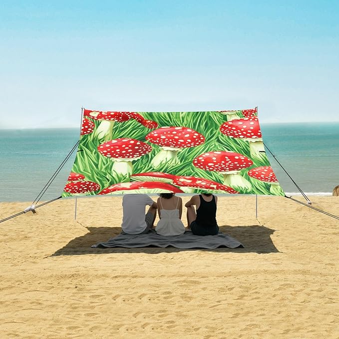 xigua Mushroom Beach Tent Sun Shelter with Carrying Bag - Silver Coated Oxford Fabric Beach Canopy for Beach Camping Fishing - Includes Windproof Ropes Sandbags &amp Stakes