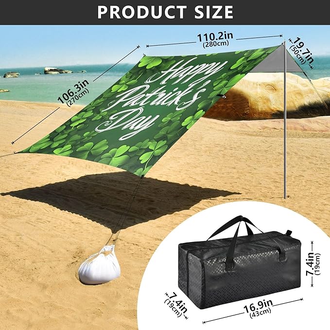 St. Patrick's Day Beach Canopy Sun Shelter with Sandbags &amp Sand Shovel &amp Windproof Ropes - Portable 110x126 Beach Shade Beach Tent for Camping Picnics