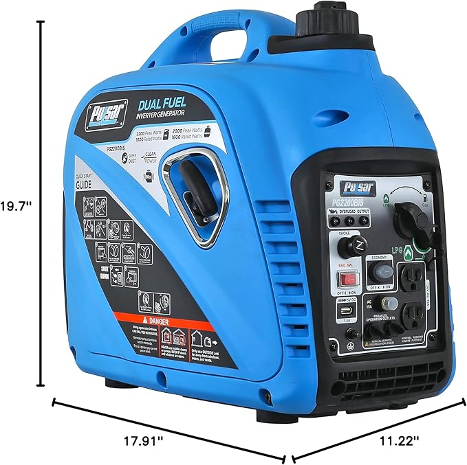 Pulsar 2200W Portable Dual Fuel Quiet Inverter Generator with USB Outlet &amp Parallel Capability CARB Compliant PG2200BiS