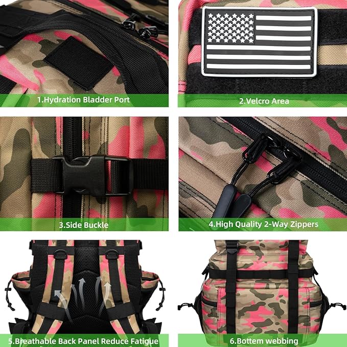 Military Tactical Backpack 55L for Men &amp Women Bug Out Bag Assault pack Molle Daypack Hiking Trekking Rucksack (Pink camouflage)
