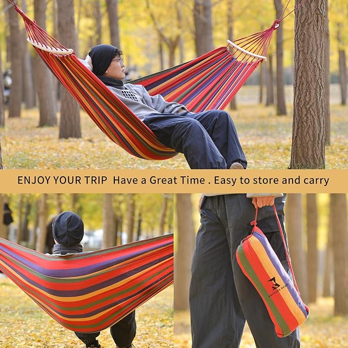 Hammock Cotton Canvas Hammock Portable Camping Hammock with Carrying Bag Two Anti Roll Balance Beam Metal Carabiner Ropes and Tree StrapsSuit for IndoorYardCampingOutdoor-Rainbow