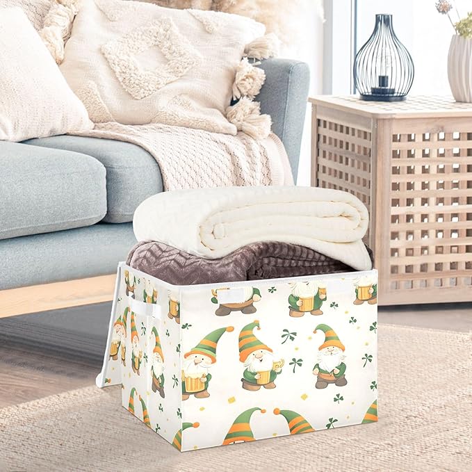 Christmas Storage Baskets with Lids St. Patrick's Day Cute Gnomes Collapsible Bins Stackable Fabric Linen Baskets Closet Organizer Container 16.5x12.6x11.8