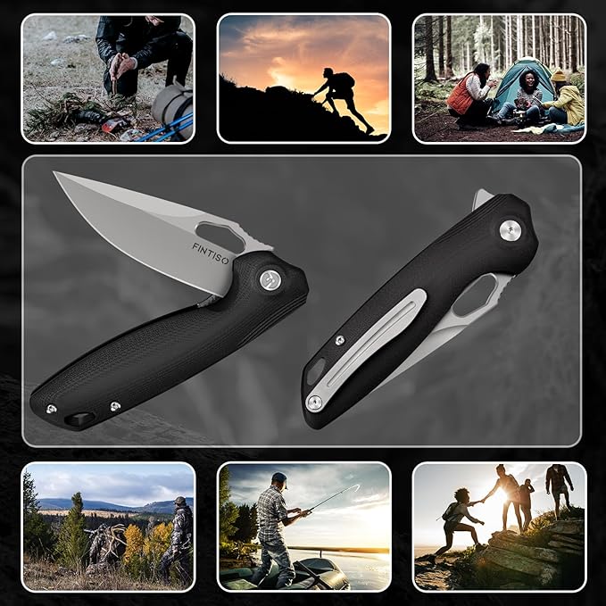 FINTISO Pocket Knife 3.38 Folding Knife Premium 14C28N Blade G10 Handle Camping Survival Hiking Knife Best Gift for Men Women Atlas Series