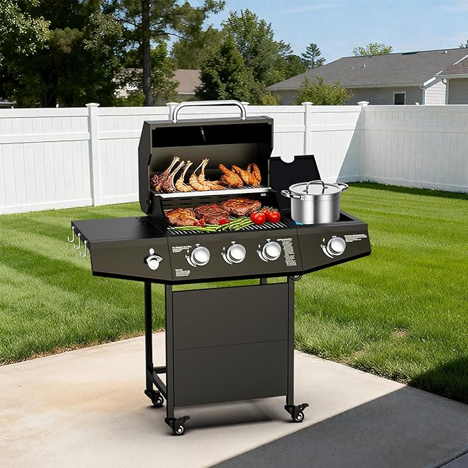 3 Burner Propane Gas Grill with Side Burner 40000 BTU Output Propane Grill Outdoor Gas BBQ Grill with Stainless Steel Grates Outdoor Cooking for Patio Camping Backyard