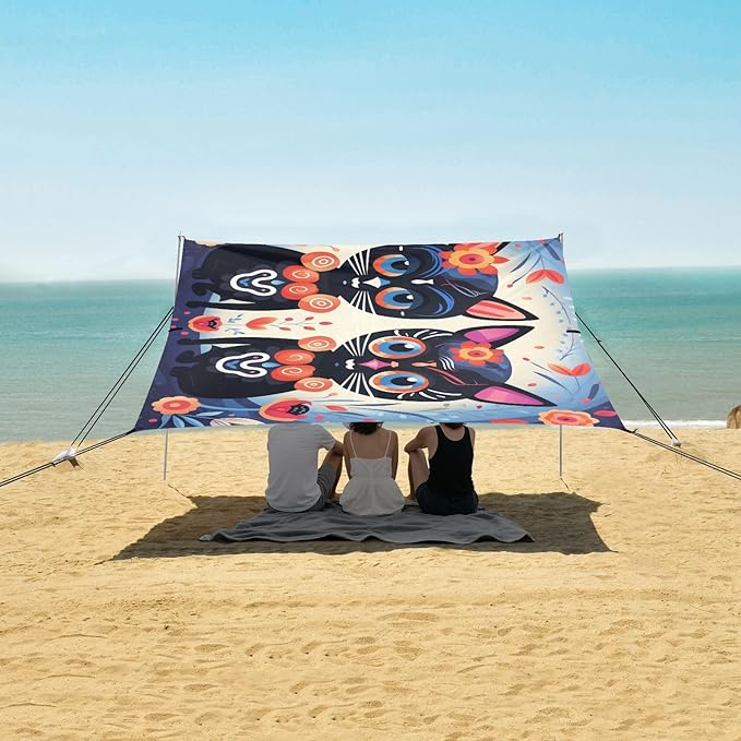 ALAZA Sugar Skull Cat Cute Beach Tent Sun Shelter UPF50+ Protection Beach Shade Canopy w/ 4 Sandbags for Outdoor Camping Fishing Backyard Fun Picnic 10x9 ft