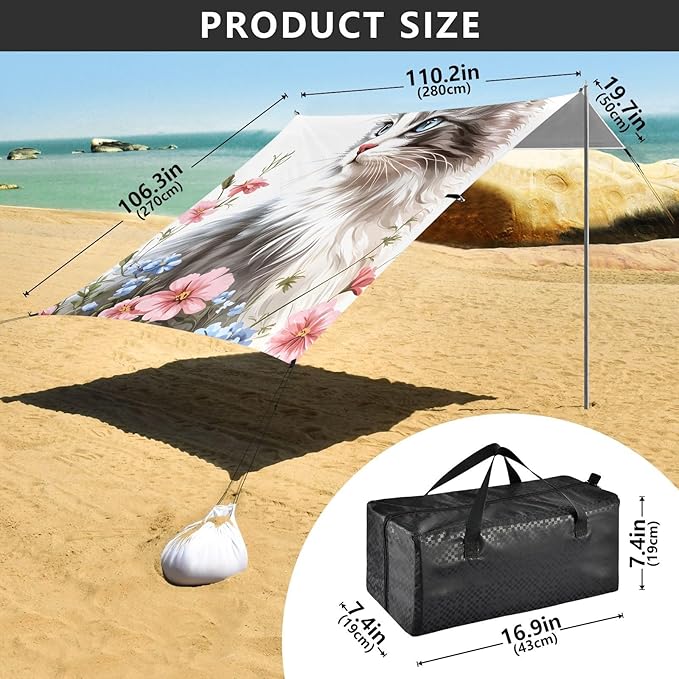 ALAZA Black and White Cat Flower Beach Tent Sun Shelter Portable Canopy Sunshade for Outdoor Camping Picnics Backyard Fun 10x9 ft