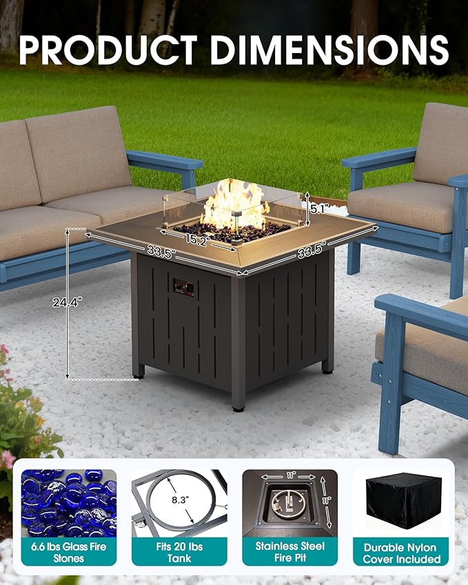 SERWALL 33 Outdoor Fire Pit Table 50000 BTU Square Propane Fire Pit Table with Lid Glass Rock &amp Glass Wind Guard HDPE Outdoor Furniture for Patio Garden Backyard Black