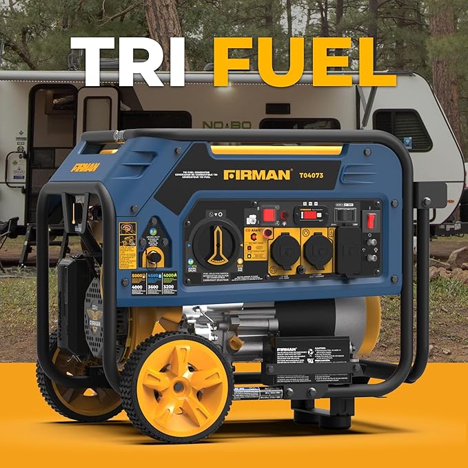 FIRMAN T04073 Tri Fuel Portable Generator 5000W Gas 4000W Running 4500W Propane 4000W Natural Gas Electric Start 120/240V CO Alert Low Oil Shut Off for Home RV Backup Camping Outdoor Power