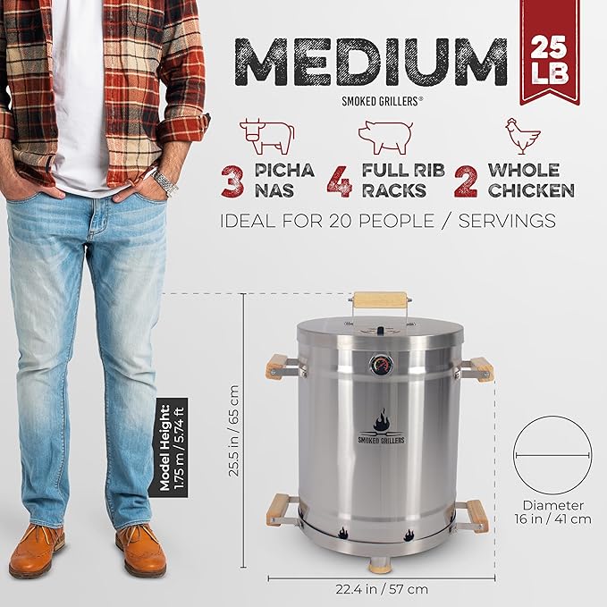 Barrel Smoker Grill Combo | 100% 304 Stainless Steel Barrel | 95% Less Smoke Even Heat | Easy to Use &amp Clean – Vertical Smoker Ideal for Balconies and Backyards (MEDIUM-25 LBS)