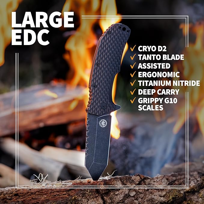 Off-Grid Knives - Rapid Fire Viper Assisted Tanto Blade Hard Use Build Tactical Camping &amp Survival EDC Cryo D2 Steel Blackwash G10 Scales Deep Pocket Carry (Blackout)