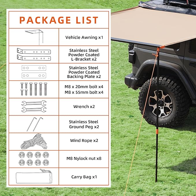 ALL-TOP Vehicle Awning 6.6'x8.2' Roof Rack Pull-Out Sun Shade UV50+ Weatherproof 4x4 Side Awning for Camping &amp Overland (Hardware Included)