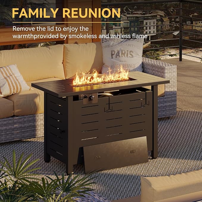 Aoxun 40 Inch Outdoor Propane Fire Pit - 50000 BTU Gas Fire Pit Table with Lava Rocks Patio Heater Rectangle Fire Table with Removable Lid &amp Waterproof Cover for Deck Backyard Garden Black