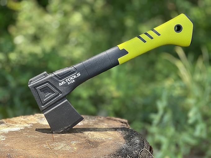MLTOOLS Camping Axe X12A - Camp Axe with Fiberglass Ergonomic Handle High Carbon Steel Head - Torque &amp Weatherproof Survival Axes and Hatchets - Non-Slip Grip - with Protection Guard &amp Lock -