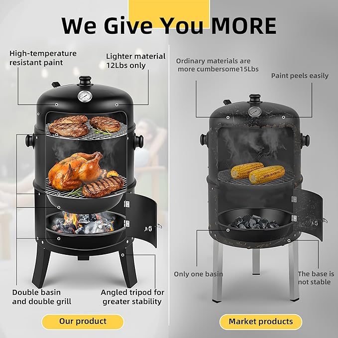 16 Inch Charcoal Smoker 3-in-1 Meat Smoker Grill with Thermometer &amp Dual Cooking Racks Portable Outdoor BBQ Smoker with 2 Access Doors Easy to Clean for Backyard Camping &amp Parties