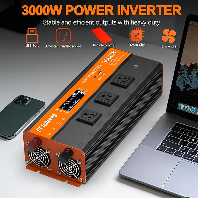3000W Power Inverter 12v DC to 120v Ac Inverter Power Inverters for Vehicles with LCD Display 3AC Sockets and USB-C &amp QC 3.0 Port with Remote Control for Camping Home Truck Rv Solar System