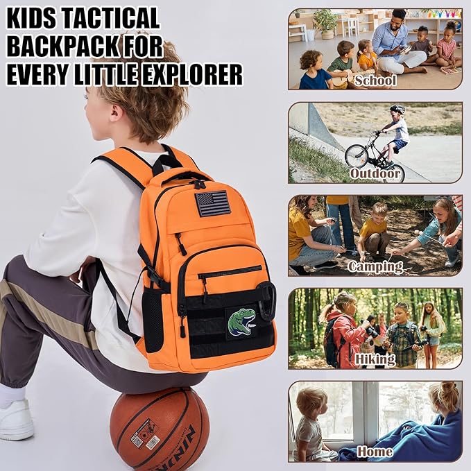 Kids Tactical Backpack Army Molle Bookbag Military Boys Backpack for School Outdoor Camping (Includes 2 Patches+1Carabiner) Orange