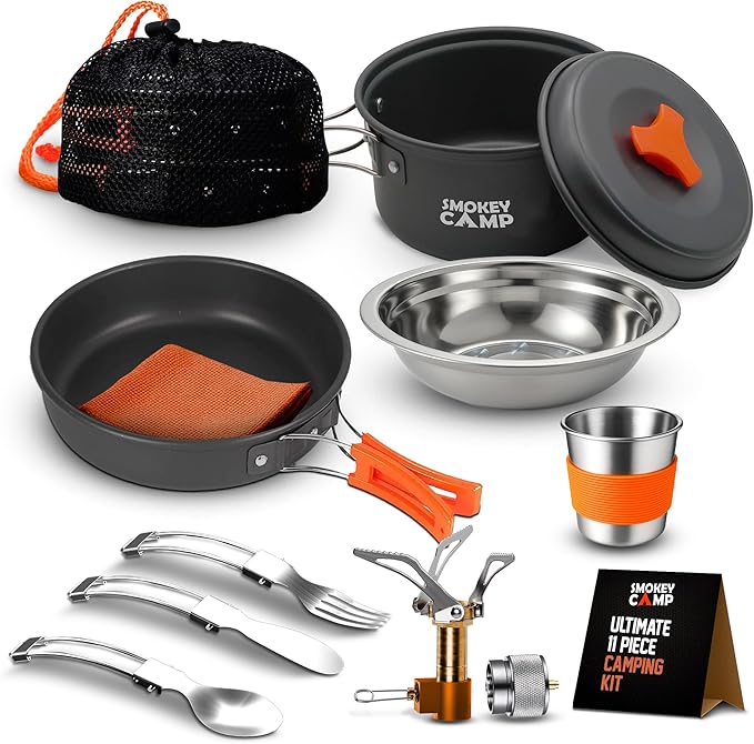 Smokey Camp Camping Cookware Mess Kit Set with Stove - Backpacking Camping Pots and Pans Set All in One Non-Stick Camping Cooking Set Portable Stove Hiking Picnic Outdoor &amp Camping Cookware S