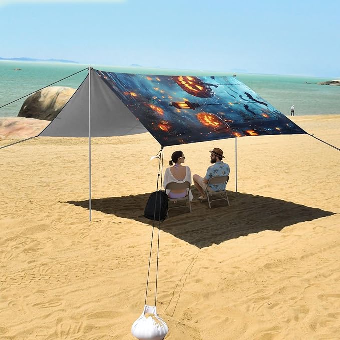 ALAZA Halloween Night Pumpkin Beach Tent Sun Shelter UPF50+ Protection Beach Shade Canopy w/ 4 Sandbags for Outdoor Camping Fishing Backyard Fun Picnic 10x9 ft