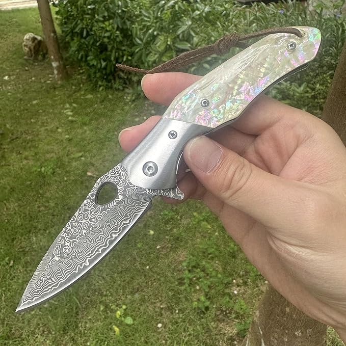 Damascus VG10 Steel Folding Pocket Knife 3.15 Blade MOP Handle EDC Knife with Mechanical Lock Pocket Clip for Men Women Camping Survival Hiking