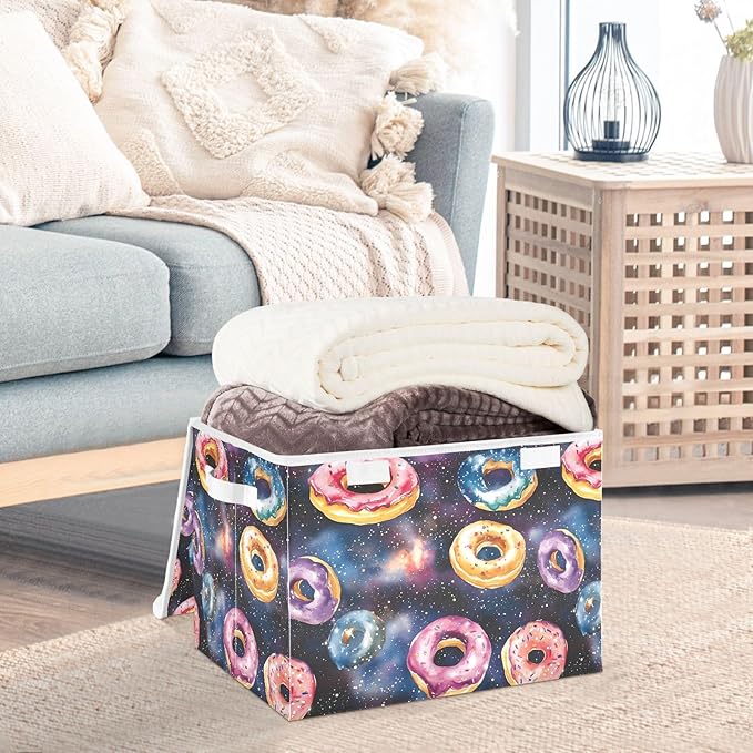 Storage Cube with Lid Space Donuts Print 16.5×12.6×11.8 IN Collapsible Large Capacity Foldable Storage Basket Bin Organizer