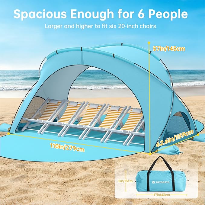 Raynesys Beach Tent Sun Shelter Beach Shade Tent with UPF50+ UV Protection Sun Shelter for 1-6 Person Beaches Shade with 2 Zippered Doors Portable Tents for Camping Fishing Light Blue