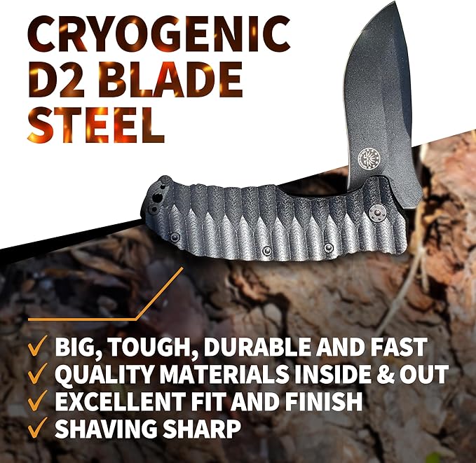Off-Grid Knives - Rapid Fire Blackout - Large Folding Knife for Camping &amp EDC Cryogenic D2 Blade Steel Titanium Nitride Coating with G10 Scales &amp Deep Carry Clip