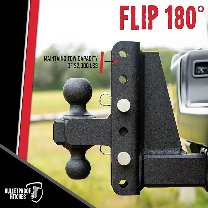 BulletProof Hitches - 3.0 Adjustable Heavy Duty Trailer Hitch (22000 lb. Rating) - 12 Drop/Rise Trailer Hitch with 2 &amp 2-5/16 Dual Ball - Powder Coat Solid Steel Corrosion-Resistant