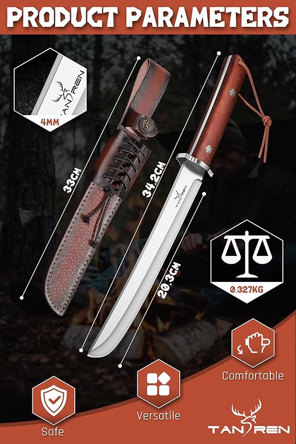 TAN REN Tanto Knife Fixed Blade 8 Inch Survival Knives with Wooden Handle Japanese Fixed Blade Knife with Sheath for Camping Outdoor Christmas Gift Knives for Men