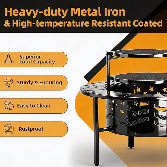 PrimeZone 42 Outdoor Fire Pit with 2 Grills - Wood Burning Firepit for Outside with Cover &amp Poker Heavy Duty Metal Fire Pit Large Round Fireplace for Patio Backyard Picnic Camping Bonfire