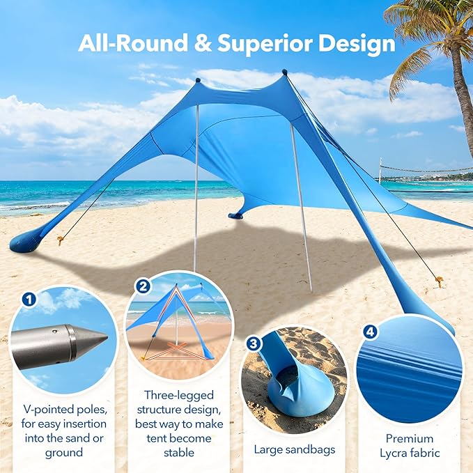 Beach Tent Shade Canopy with UPF50+ Protection Sun Shelter Umbrella Portable Camping Tents with Sandbags Poles and Ground Pegs and Anti-Wind Ropes for Beach Outdoor Camping Backyard Picnics 7.5X7.5Ft