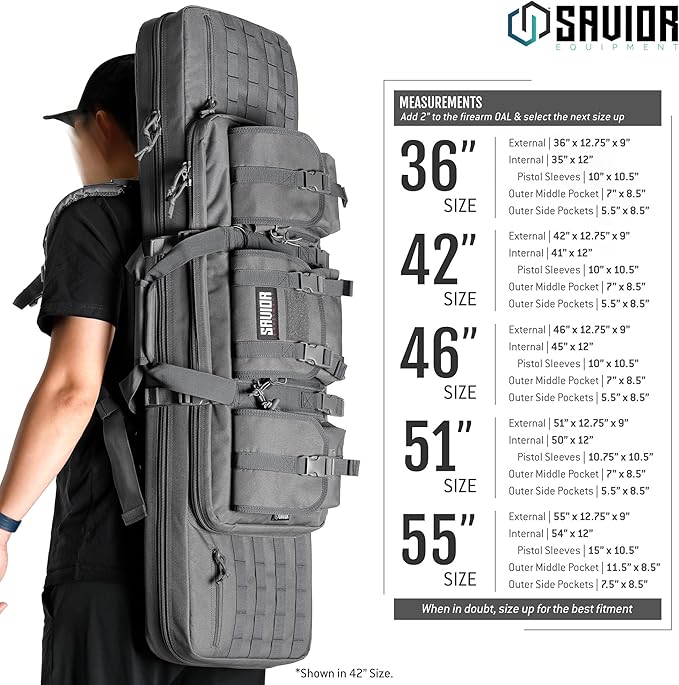 Savior Equipment American Classic Tactical Double Long Gun Bag Pistol Transportation Case w/Backpack Strap Lockable Compartment Available Length in 32 36 42 46 51 55