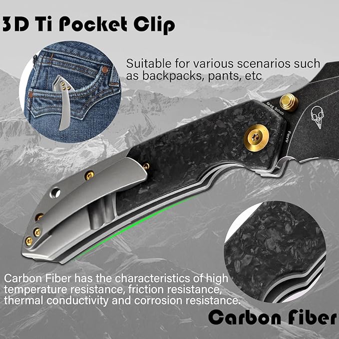KANSEPT Fenrir Pocket Knife 3.48 Blackwash CPM S35VN Harpoon Blade Titanium Handle Shred Carbon Fiber Inlay Thumb Stud &amp Liner Lock with Deep Clip EDC Knives for Camping Hunting Survival K1034