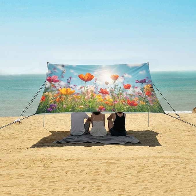 Spring Flowers Beach Tent Sun Shelter Set UPF50+ UV Protection 10.5 x 9.19 FT Camping Shade Canopy with Sandbags Sand Anchors Carrying Bag and Others
