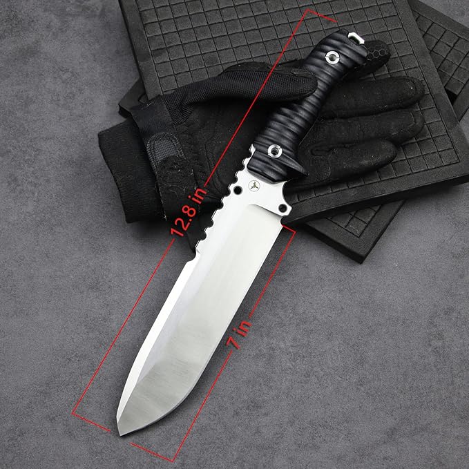 LENGREN【Eggplant 12.8 Inches 7MM THK Full Tang Heavy Fixed Blade Multifunctional Tactical Knife Drop Point DC53 Steel Kydex Sheath For Camping Hiking Hunting (White)