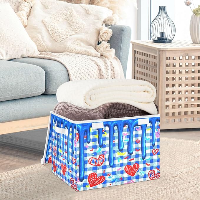 Storage Bins With Lid Stackable Fabric Closet Organizer Clothing Storage Large Boxes For Closet Shelves Bedroom Blue Checks Hearts Meltingicecream Splashes