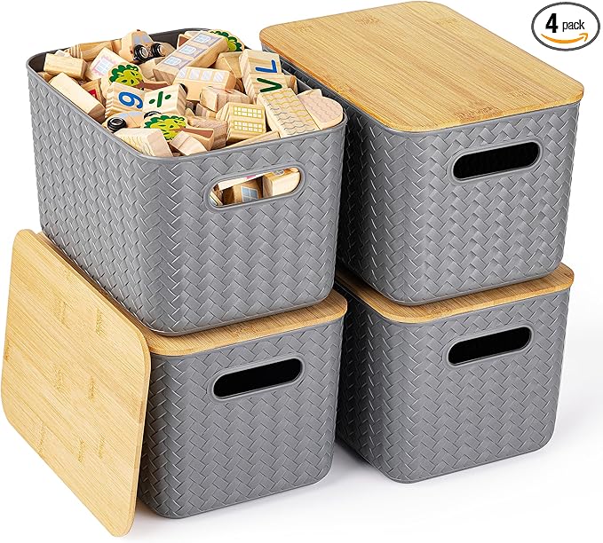 Ohmlove 4 Packs Storage Bins with Bamboo Lids - Plastic Storage Containers with Lids Stackable Storage Box：Storage Baskets for Organizing Desktop Closet Playroom Classroom OfficeGray