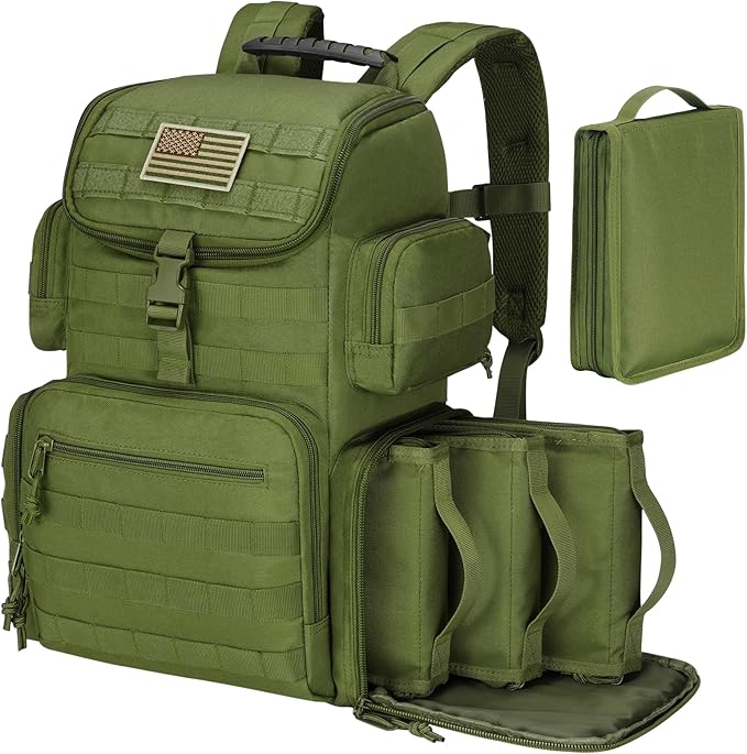 CVLIFE Tactical Range Backpack with Removable Divider Gun Cases Bag with 4 Pistol Carrying Cases Rucksack for Shooting (Army Green Medium)