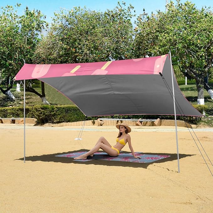 ALAZA Pink Ice Cream Pink Background Pattern Beach Tent Sun Shelter Portable Canopy Sunshade for Outdoor Camping Picnics Backyard Fun 10x9 ft