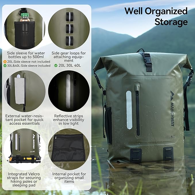 MARCHWAY Roll Top Waterproof Backpack Floating Dry Bag 20L/30L/45L with Ergonomic Rectangular Base Cushioned Back Hip Strap for Hiking Camping Kayaking Travel (Army Green 30L)