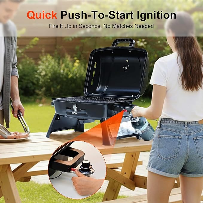 BRANDMAN GRILLS SINCE 1987 Portable Propane Gas Grill 1-Burner Tabletop Compact BBQ Grill with Folding Legs and Lockable Lid for Camping Tailgating &amp Outdoor Cooking Hassle-Free Setup