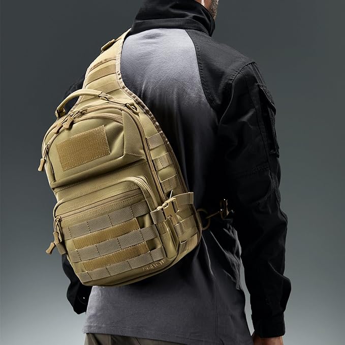 AMHEH 15L 1050D Tactical Sling Bag - Everyday Carry Crossbody Backpack with MOLLE and Concealed Back Pocket Fits 12 Laptop Tan