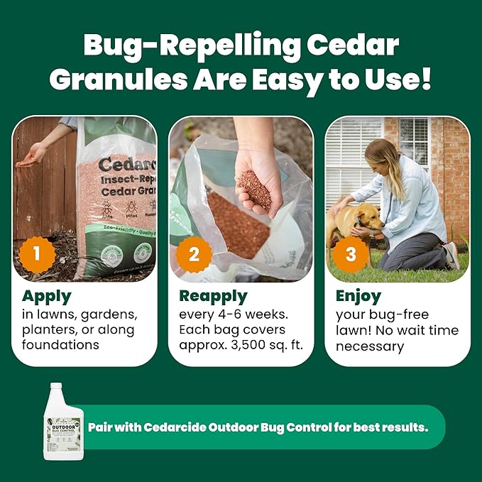 Cedarcide Lawn Home &amp Garden Cedar Granules | Repels Fleas Ticks Ants &amp Mosquitoes | Smells Great Easy to Use | Family &amp Pet Safe | 6 Bags (48 Lbs)