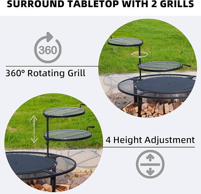 50 Inch Fire Pit Surround Tabletop for Smokeless Fire Pit Outdoor Surround Table with 2 Grill Grates and Firewood Storage Shelf Protective Barrier for Safety &amp Extra Space (Stove not Included)