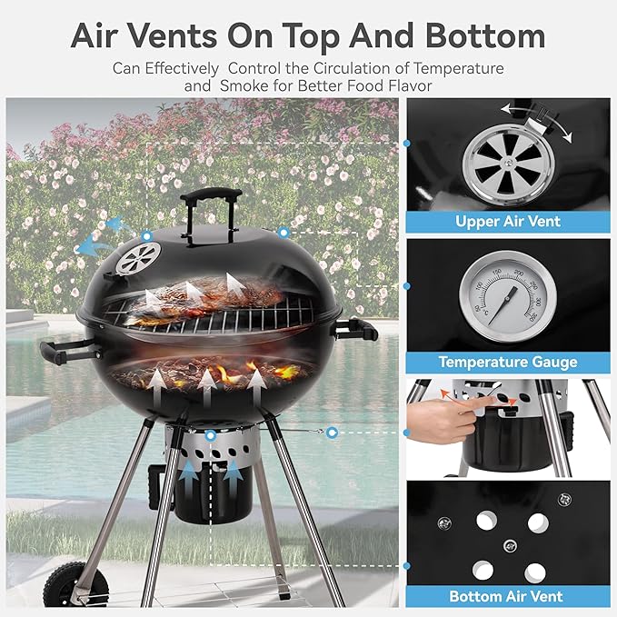 GREEN PARTY 22 inch Kettle Charcoal BBQ Grill with Wheels Portable Charcoal Grill with Porcelain-Enameled Lid &amp Ash Catcher for Outdoor Cooking Barbecue Camping Picnics Tailgating Black