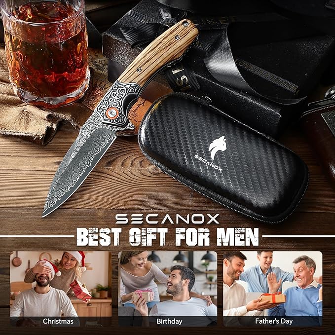 Damascus Pocket Knife for Men Folding Knives with Wooden Handle &amp 3.34 Sharp Damascus Steel Blade EDC Knifes for Camping Hiking Collection