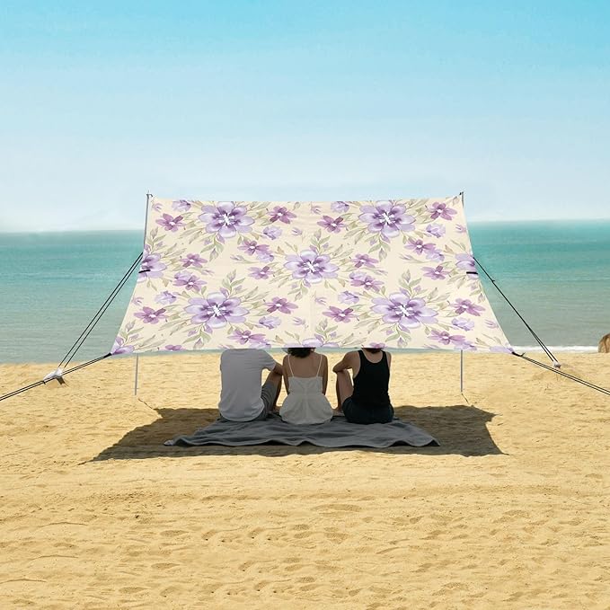 xigua Purple Flowers Beach Tent Sun Shelter with Carrying Bag - Silver Coated Oxford Fabric Beach Canopy for Beach Camping Fishing - Includes Windproof Ropes Sandbags &amp Stakes