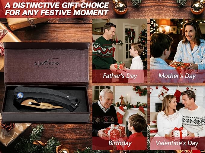 ALBATROSS Black &amp Gold Pocket Knife Unique Father's Day Gifts Gold D2 Blade 2oz Ultra-Light G10 Handle Liner Lock Gift Box for Father's Day Birthday