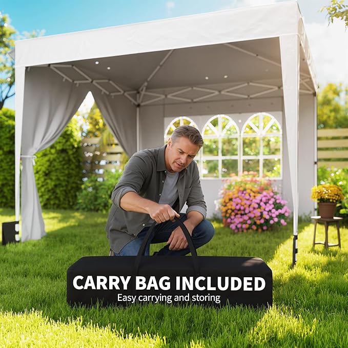 Outsunny 10 x 10 ft Pop Up Canopy Tent with Sidewalls UPF50+ Outdoor Portable Instant Canopy Shelter with Carry Bag Sandbags Adjustable Height for Parties Events Camping White
