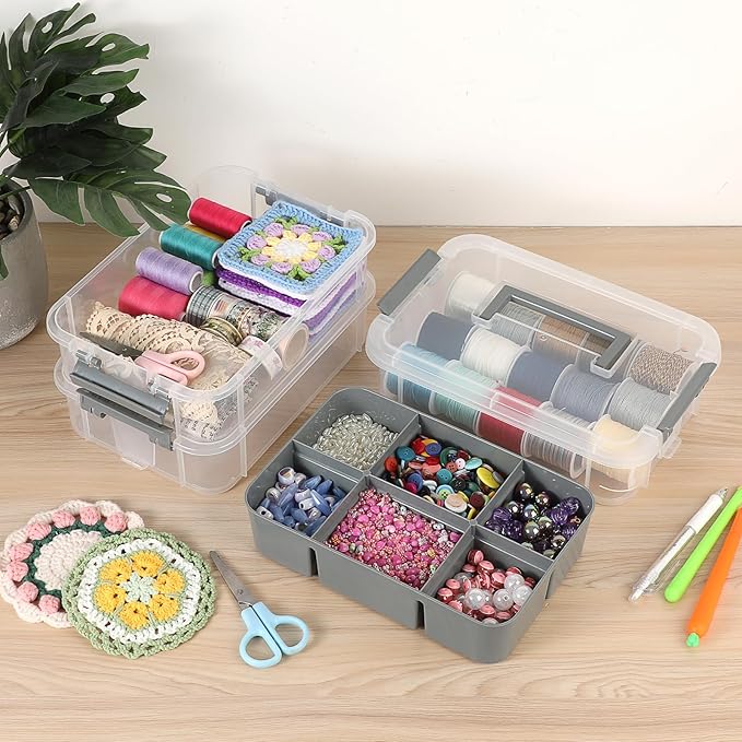 JUXYES 2 Pack 3-Tiers Stack Carry Storage Box With Divided Tray Transparent Stackable Storage Bin With Handle Lid Latching Storage Container for School &amp Office Supplies Dark Gray